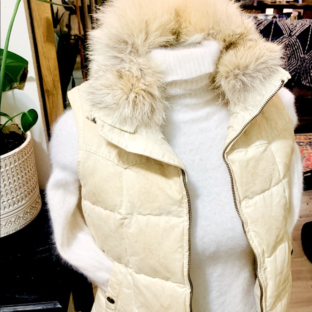Ralph Lauren Coyote Fur Trim Puffer Vest in Cream Colour (Small)